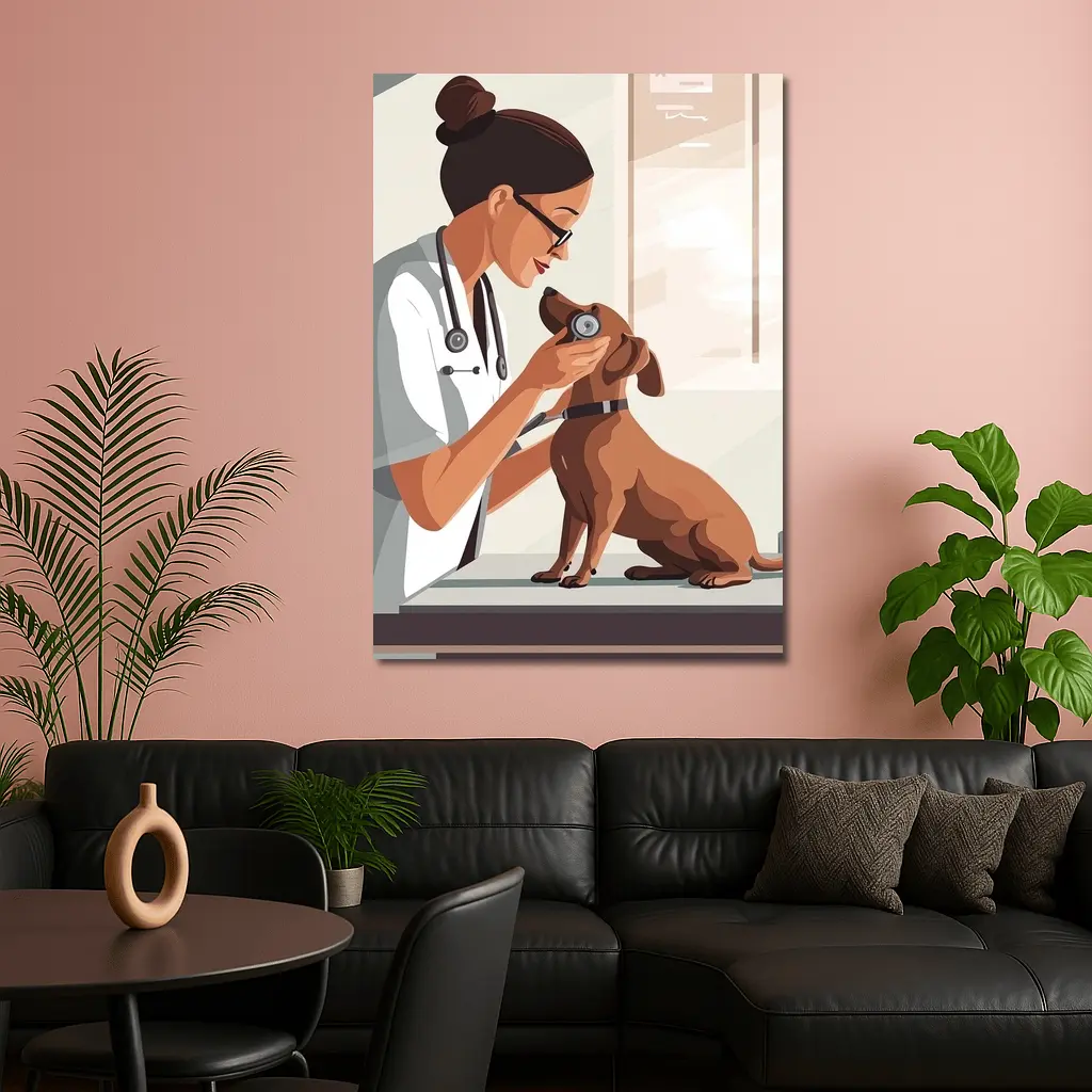 Female Vet Examining Dachshund In Clinic – Wall Art