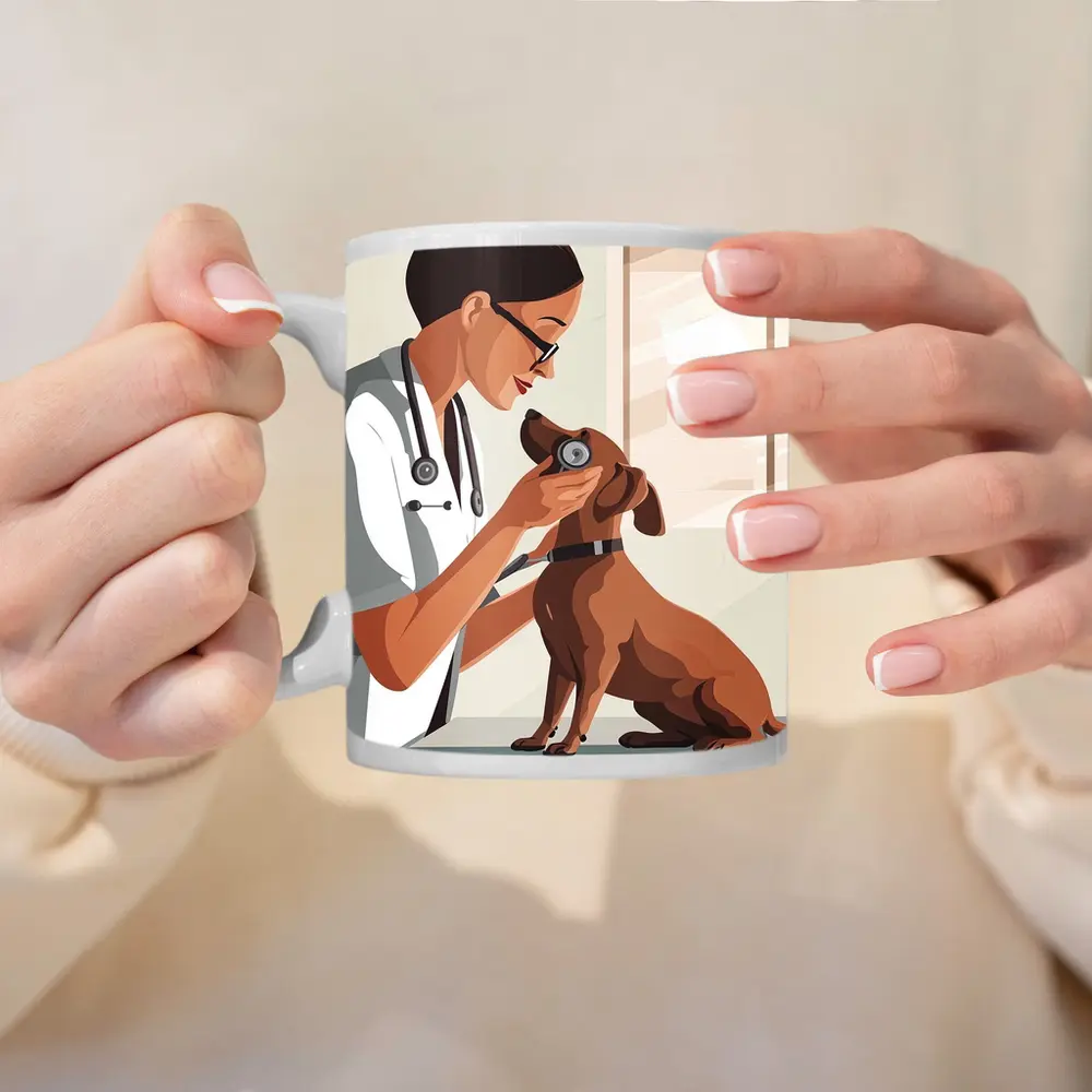 Female Vet Examining Dachshund In Clinic – Mugs