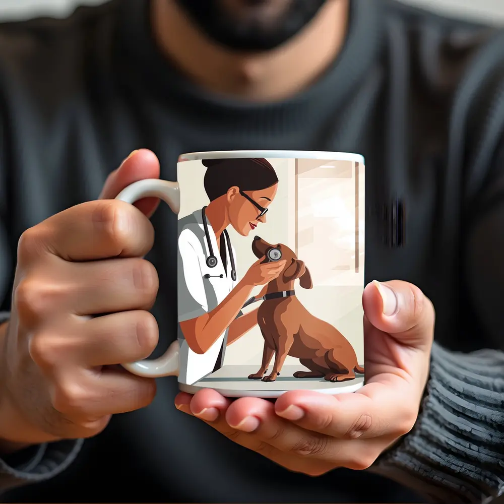 Female Vet Examining Dachshund In Clinic – Mugs