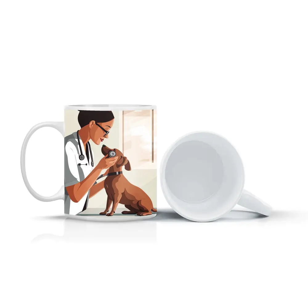 Female Vet Examining Dachshund In Clinic – Mugs