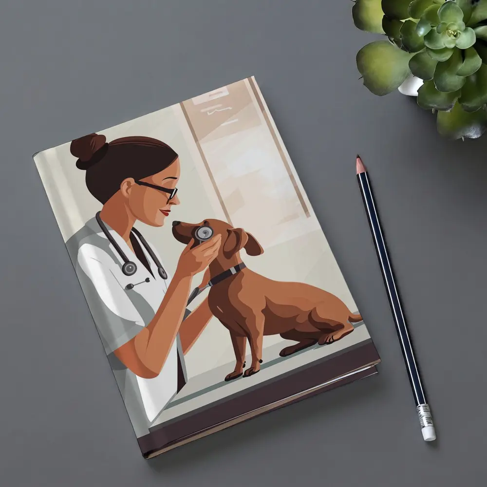 Female Vet Examining Dachshund In Clinic – Notebooks
