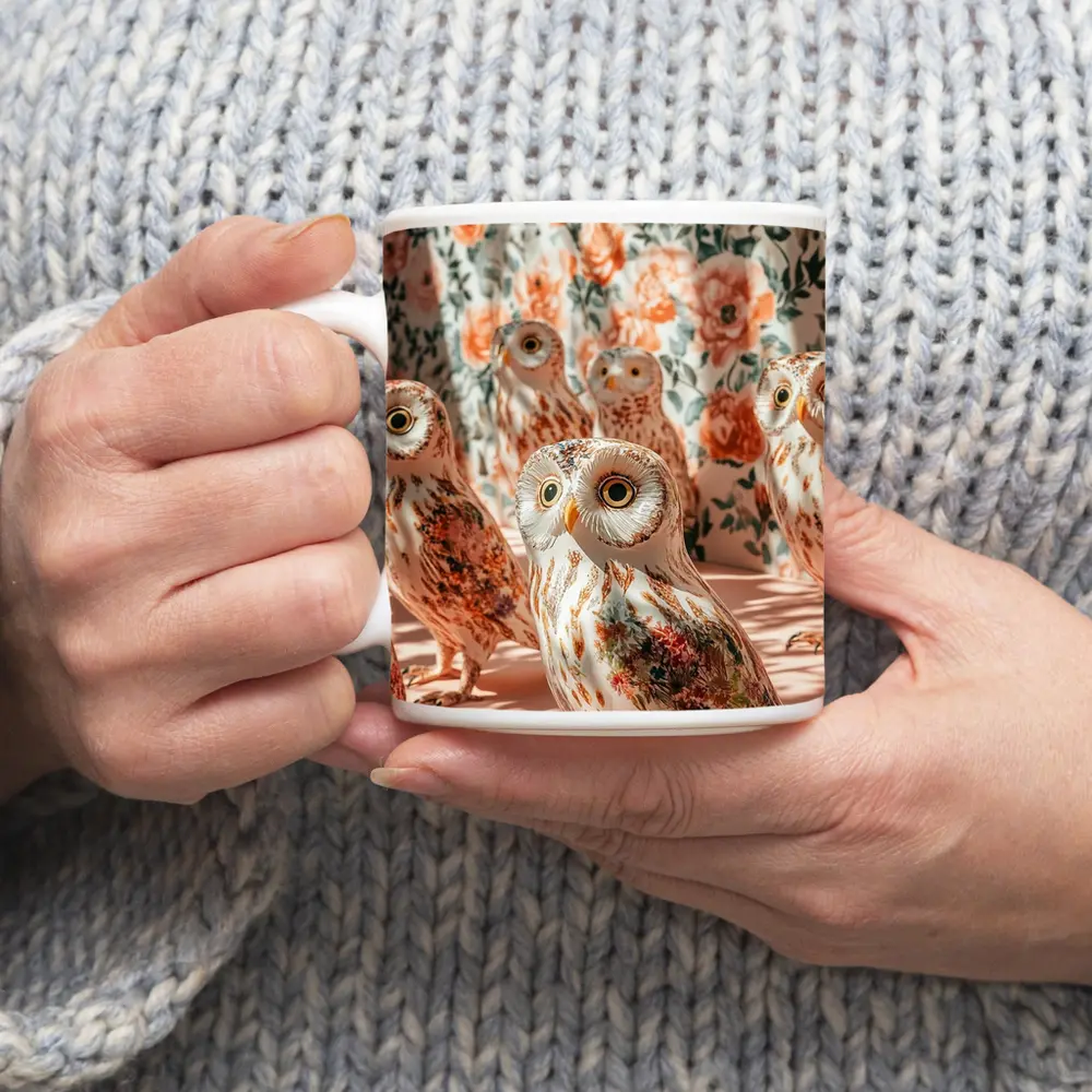Floral Owls Against Roses Curtain Background – Mugs