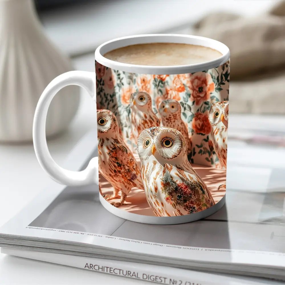 Floral Owls Against Roses Curtain Background – Mugs