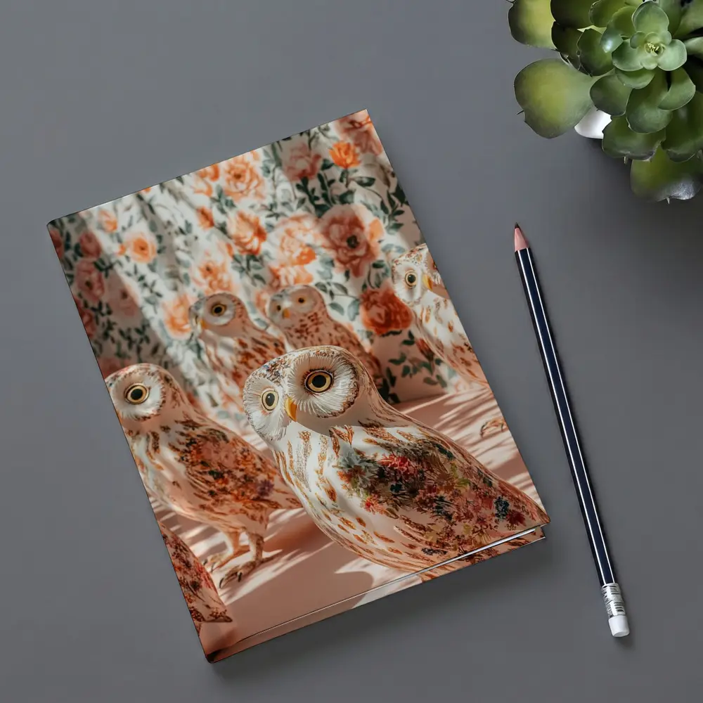 Floral Owls Against Roses Curtain Background – Notebooks