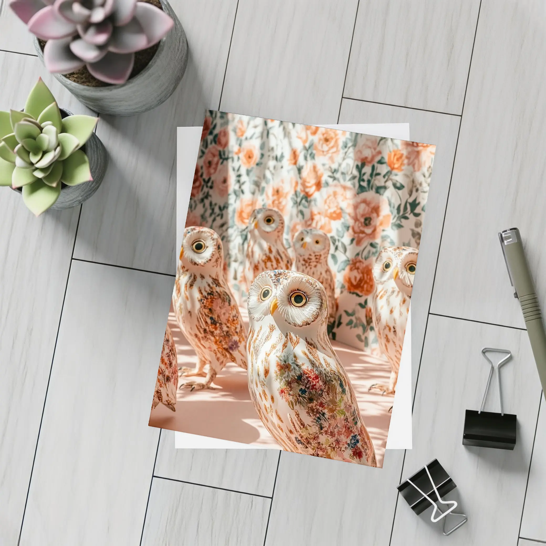 Floral Owls Against Roses Curtain Background – Postcards