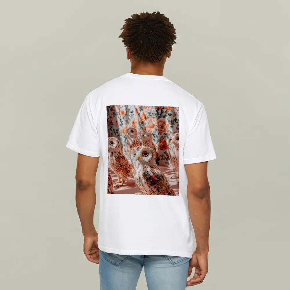Floral Owls Against Roses Curtain Background – T-Shirts
