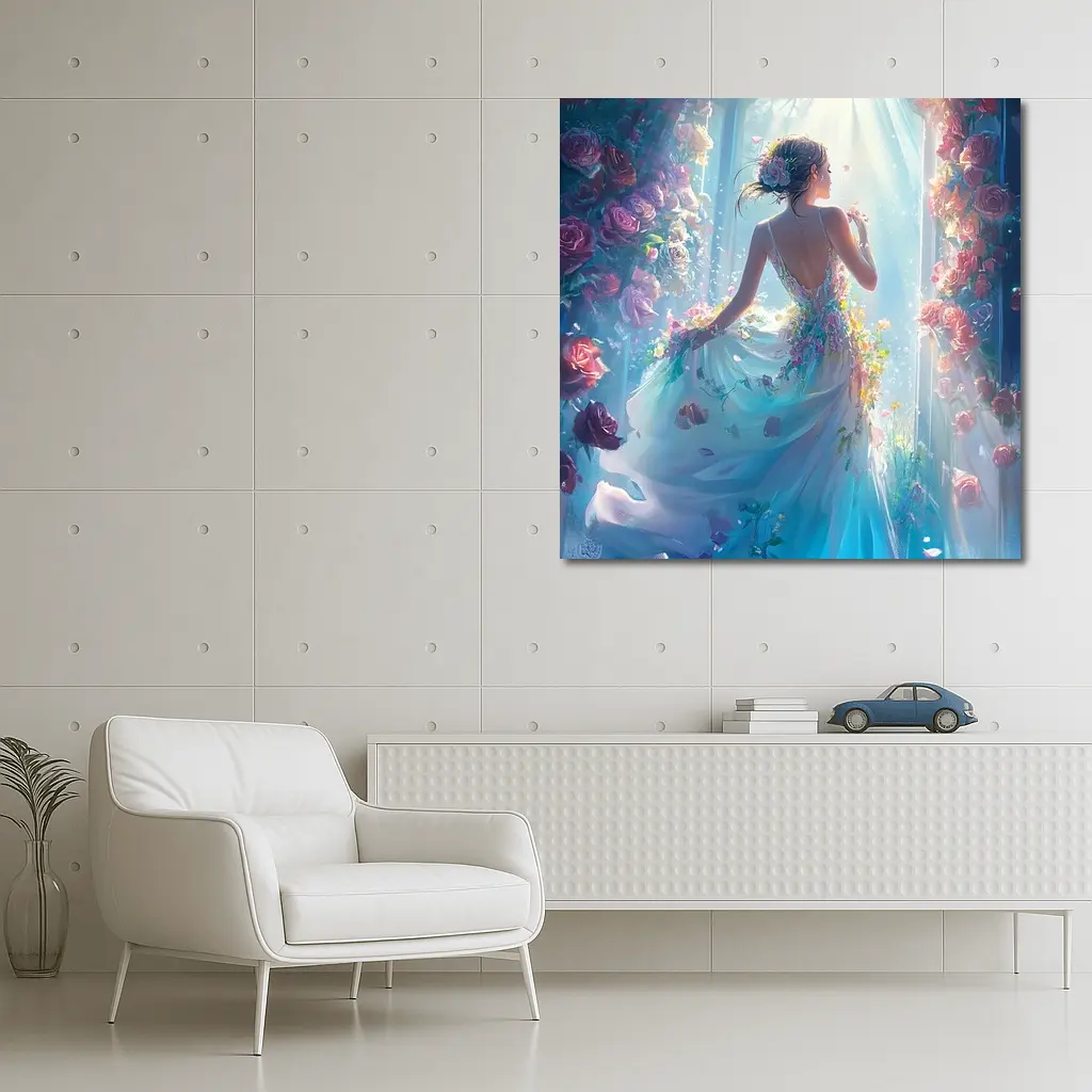 Woman in Floral Dress Surrounded by Roses – Wall Art