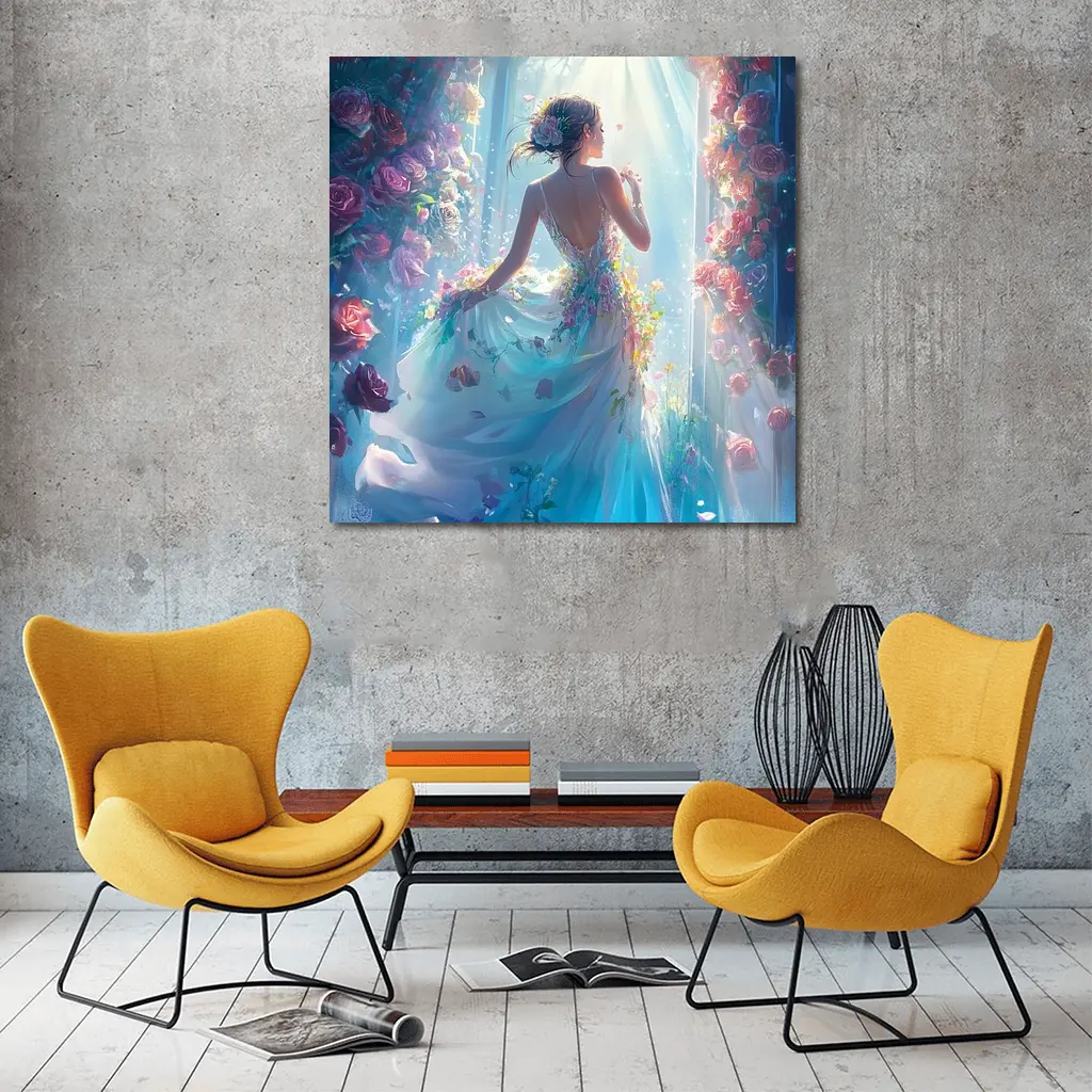 Woman in Floral Dress Surrounded by Roses – Wall Art