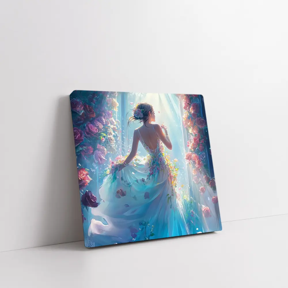 Woman in Floral Dress Surrounded by Roses – Wall Art