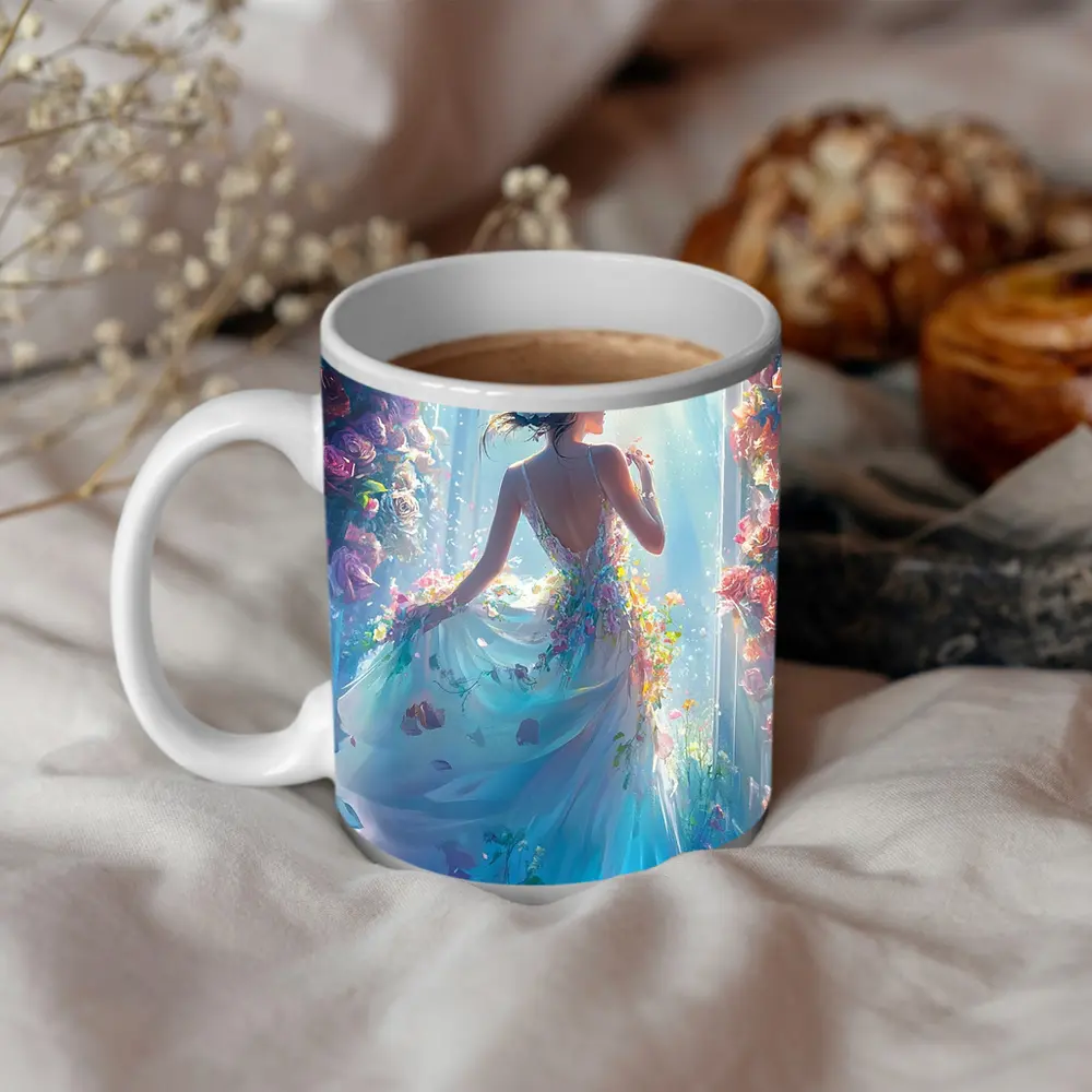 Woman in Floral Dress Surrounded by Roses – Mugs