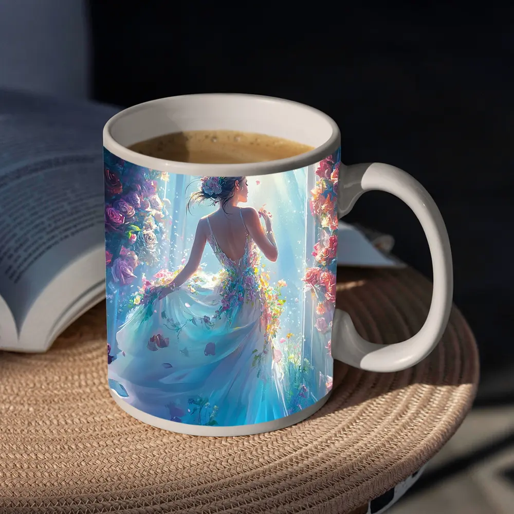 Woman in Floral Dress Surrounded by Roses – Mugs