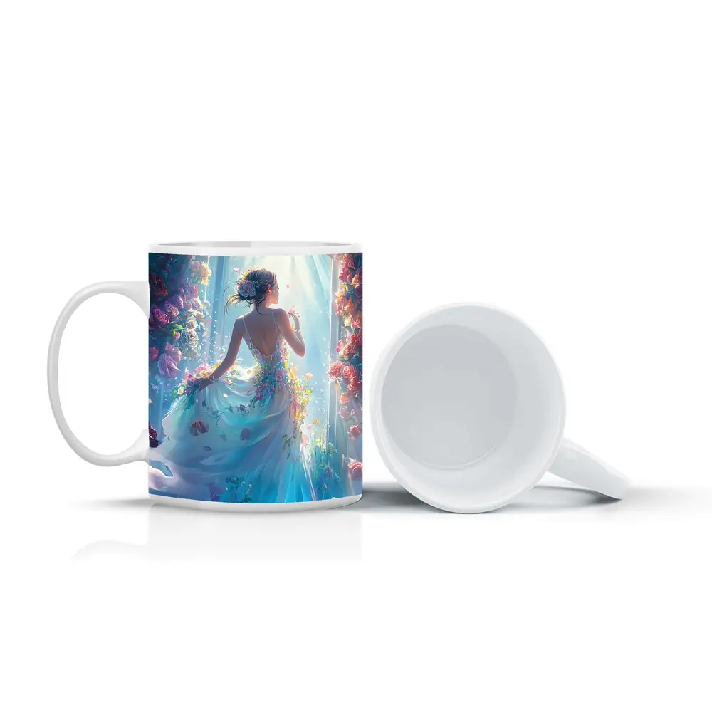Woman in Floral Dress Surrounded by Roses – Mugs