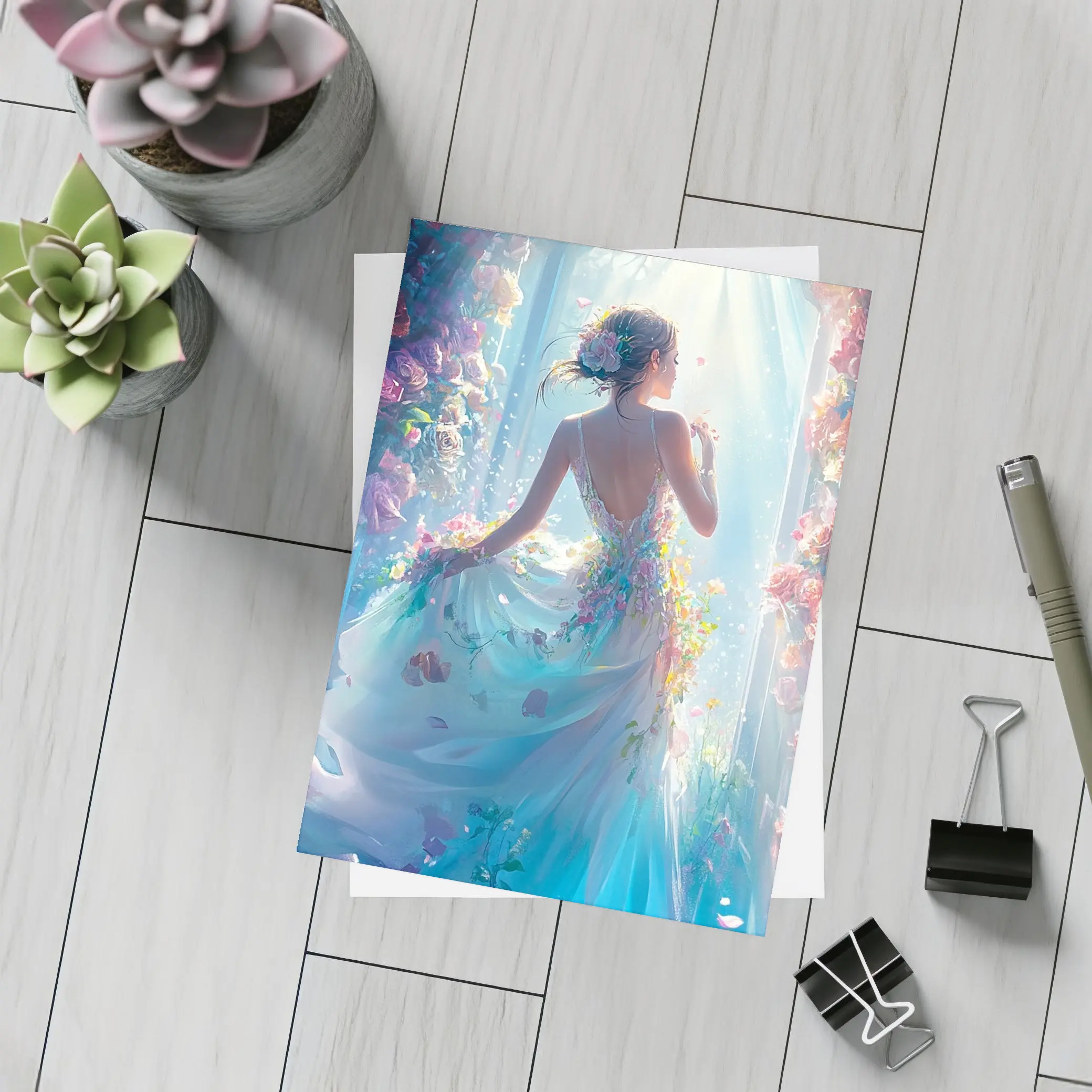 Woman in Floral Dress Surrounded by Roses – Postcards