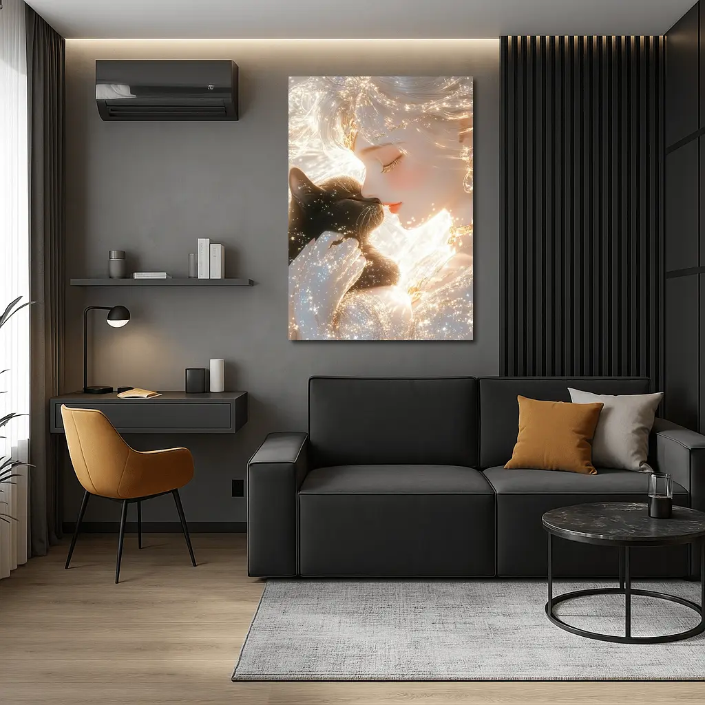Anime Girl With Black Cat Glowing Fantasy – Wall Art