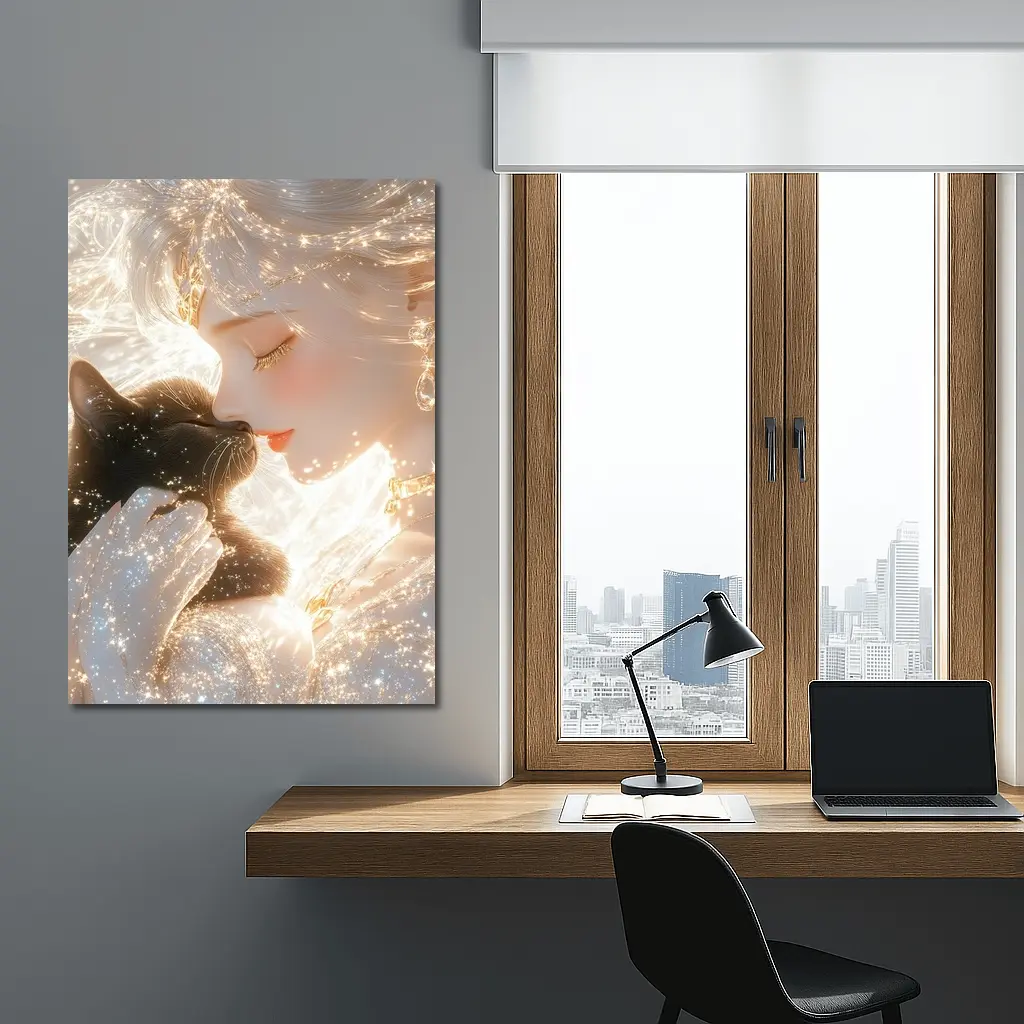 Anime Girl With Black Cat Glowing Fantasy – Wall Art
