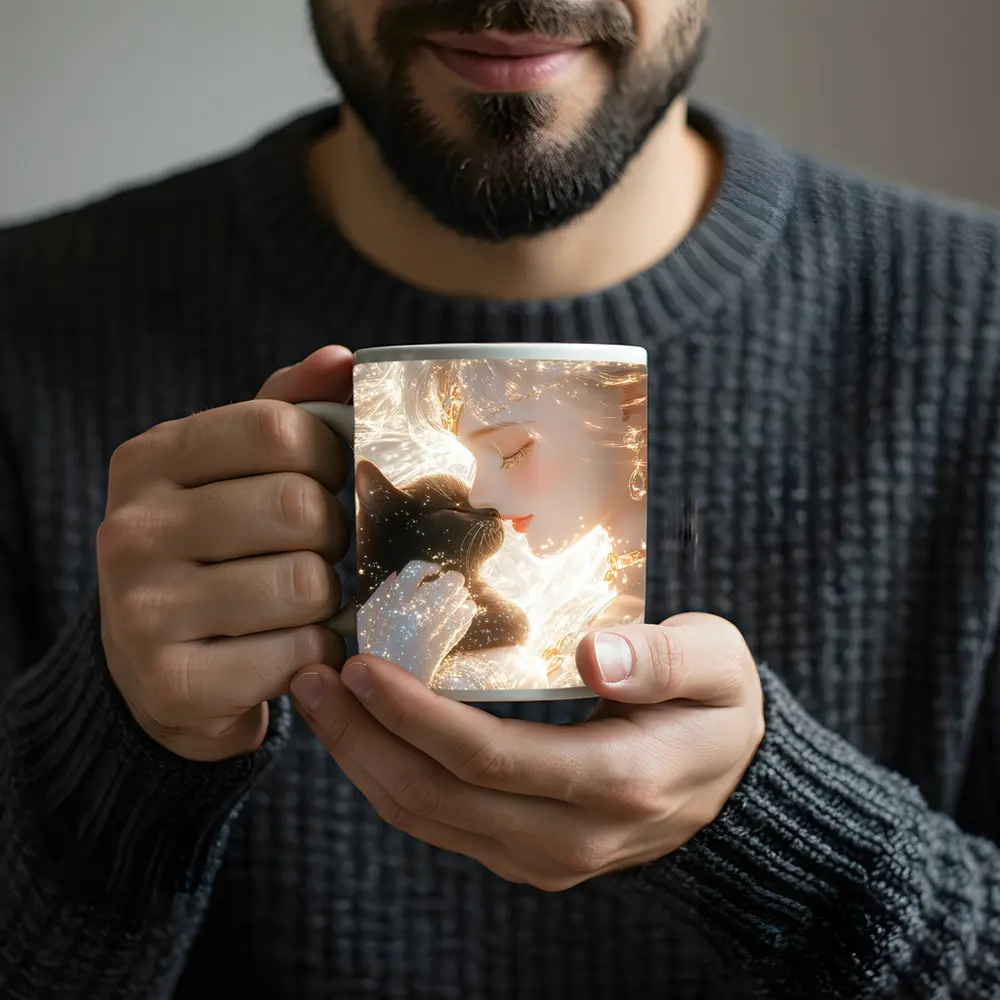 Anime Girl With Black Cat Glowing Fantasy – Mugs