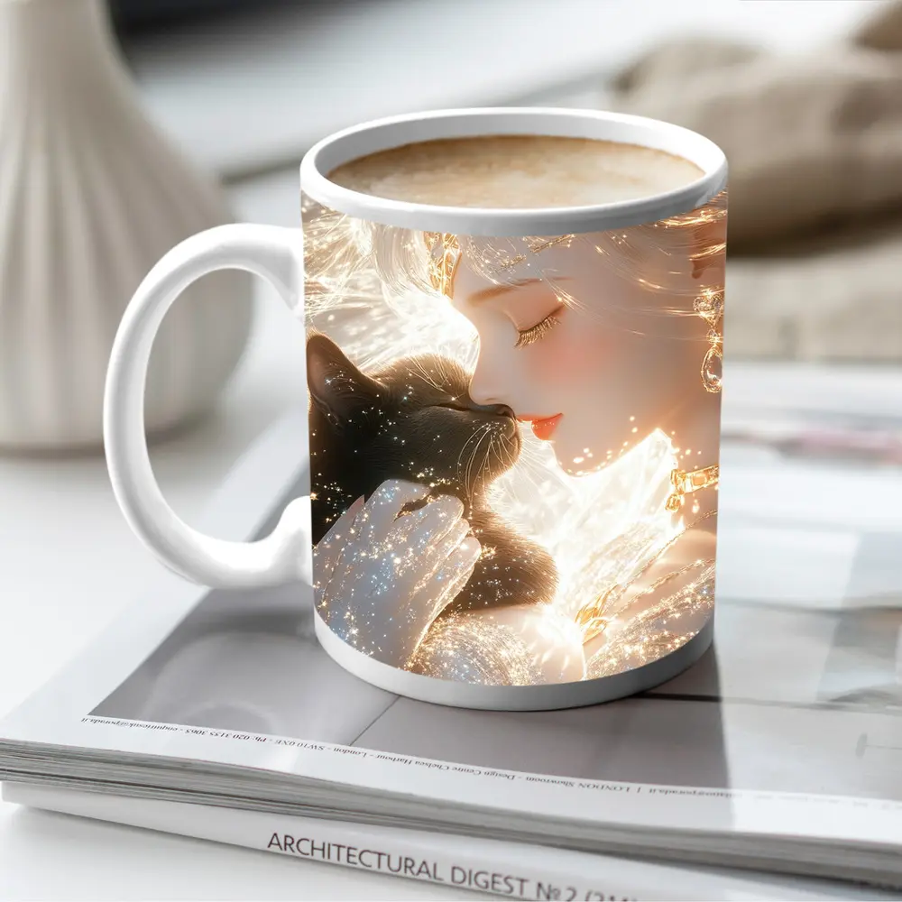 Anime Girl With Black Cat Glowing Fantasy – Mugs