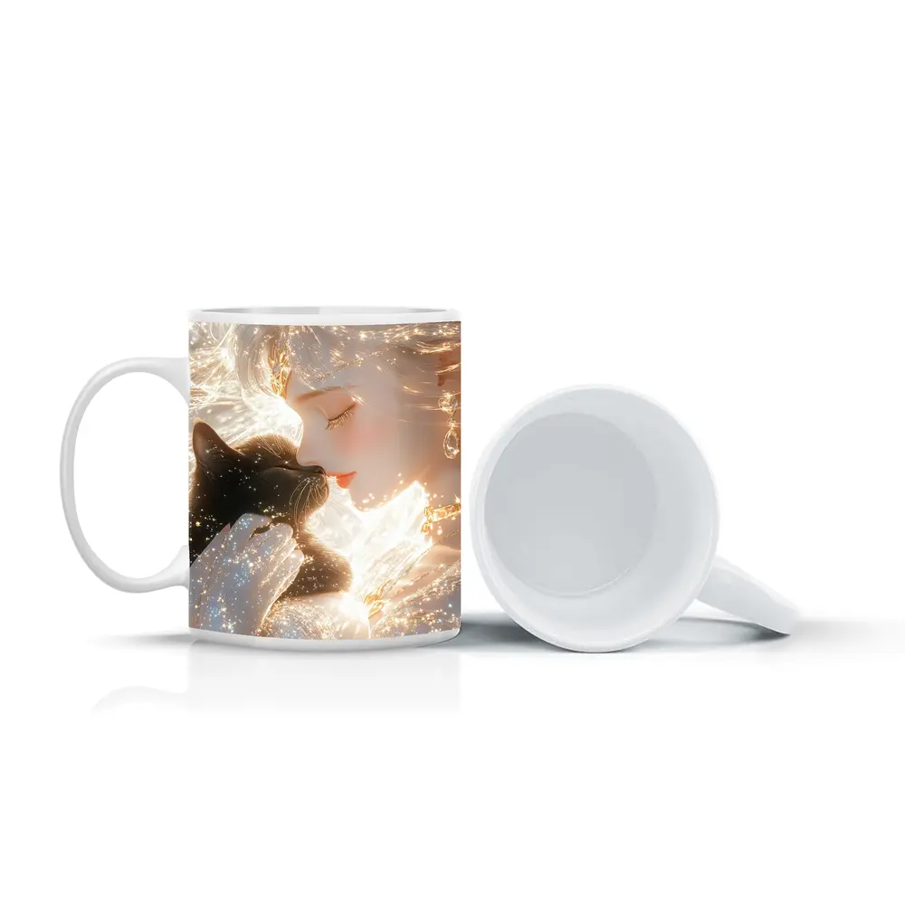 Anime Girl With Black Cat Glowing Fantasy – Mugs