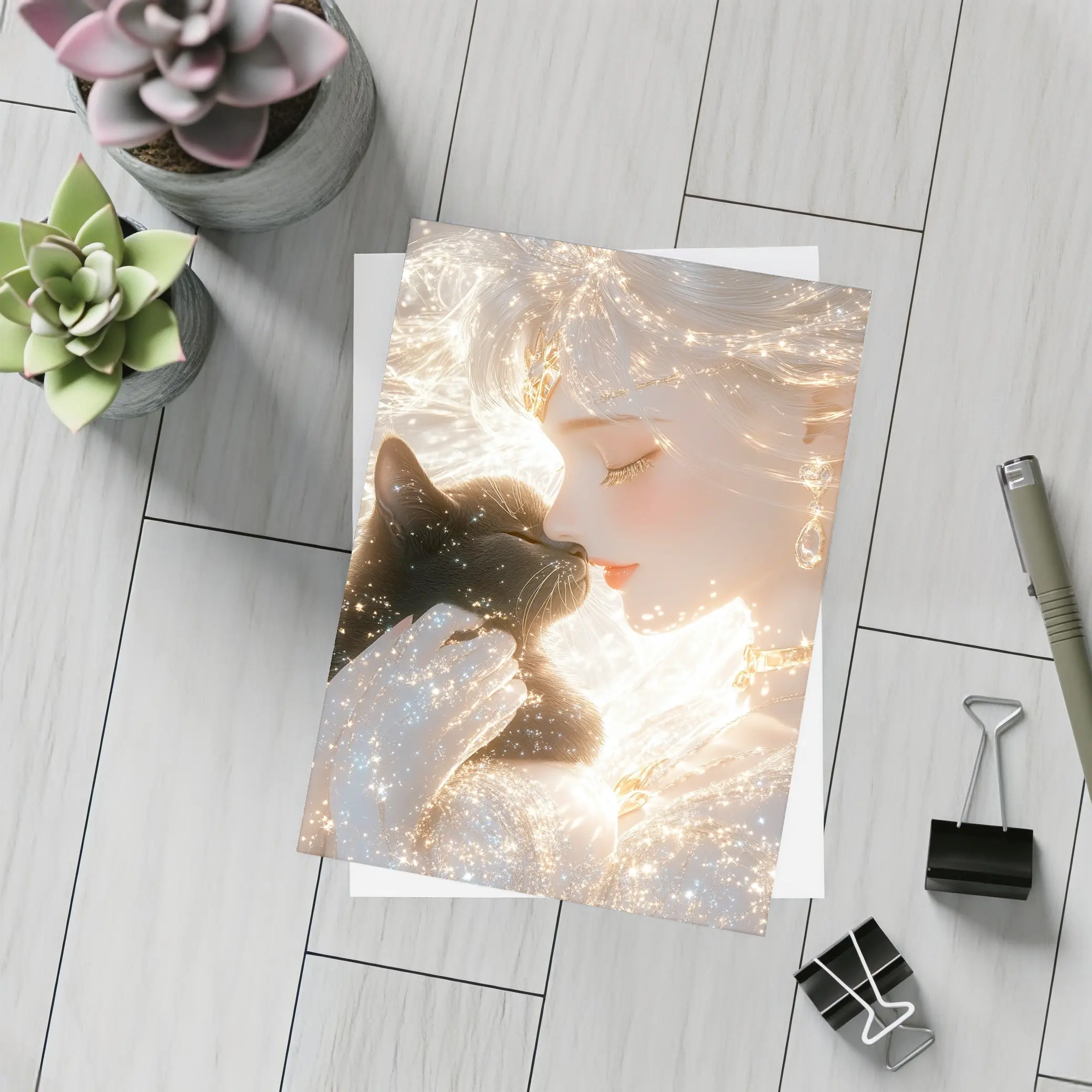 Anime Girl With Black Cat Glowing Fantasy – Postcards