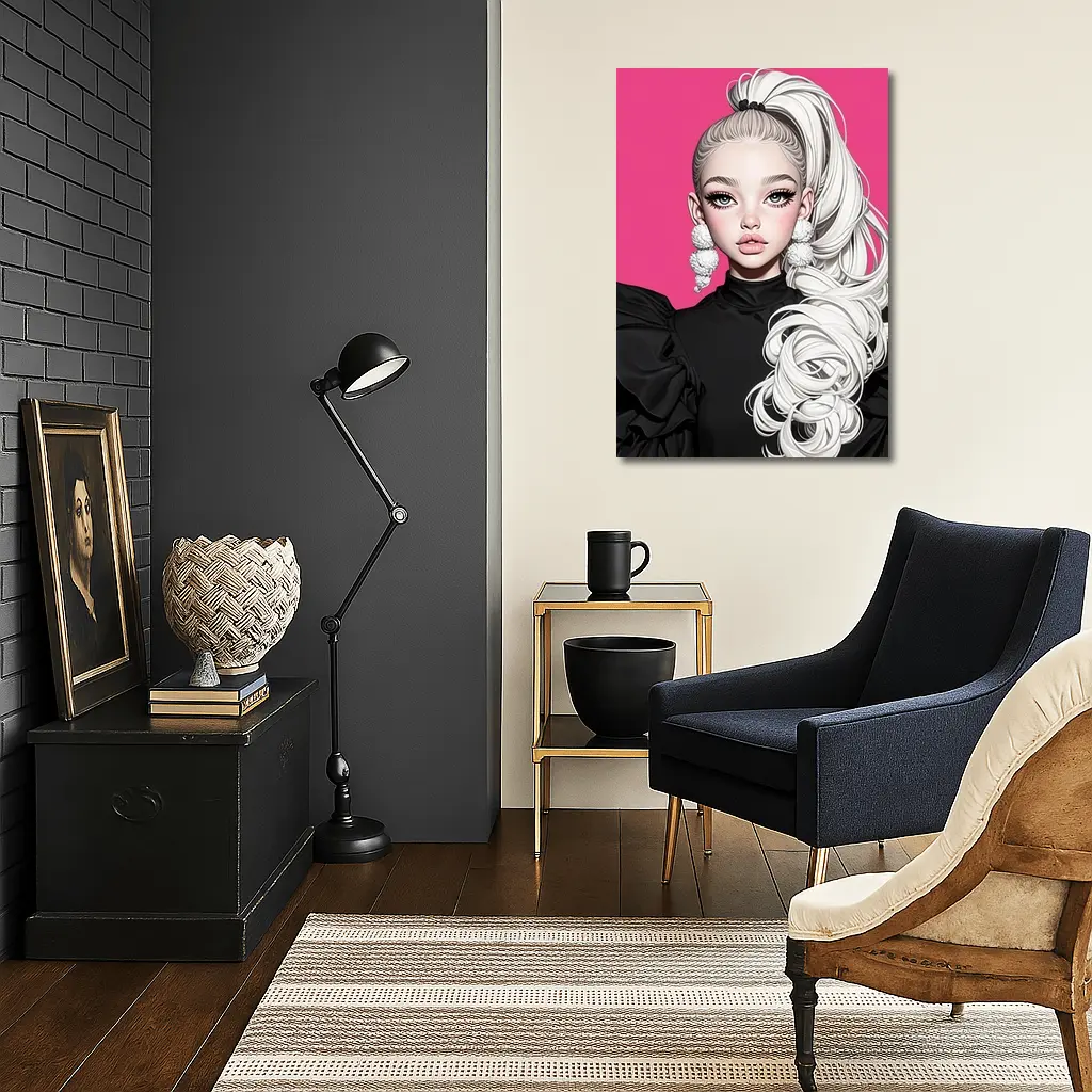 Fashion Illustration Girl White Hair Pink Background – Wall Art