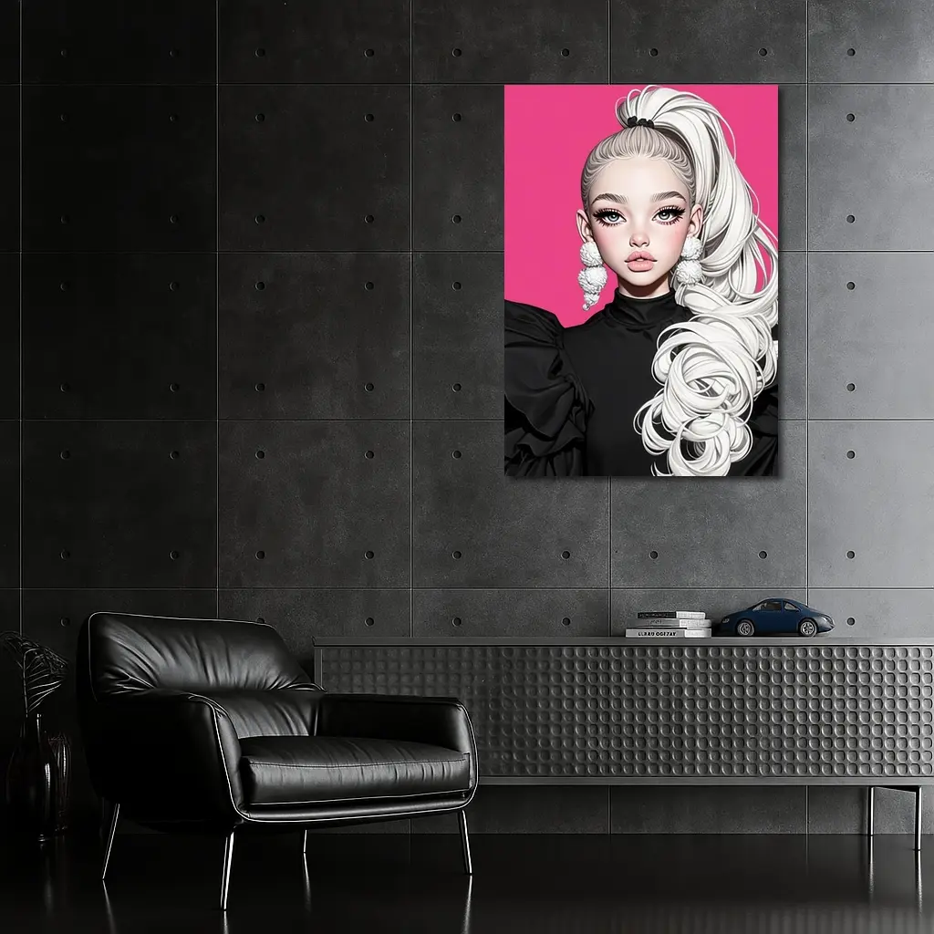 Fashion Illustration Girl White Hair Pink Background – Wall Art