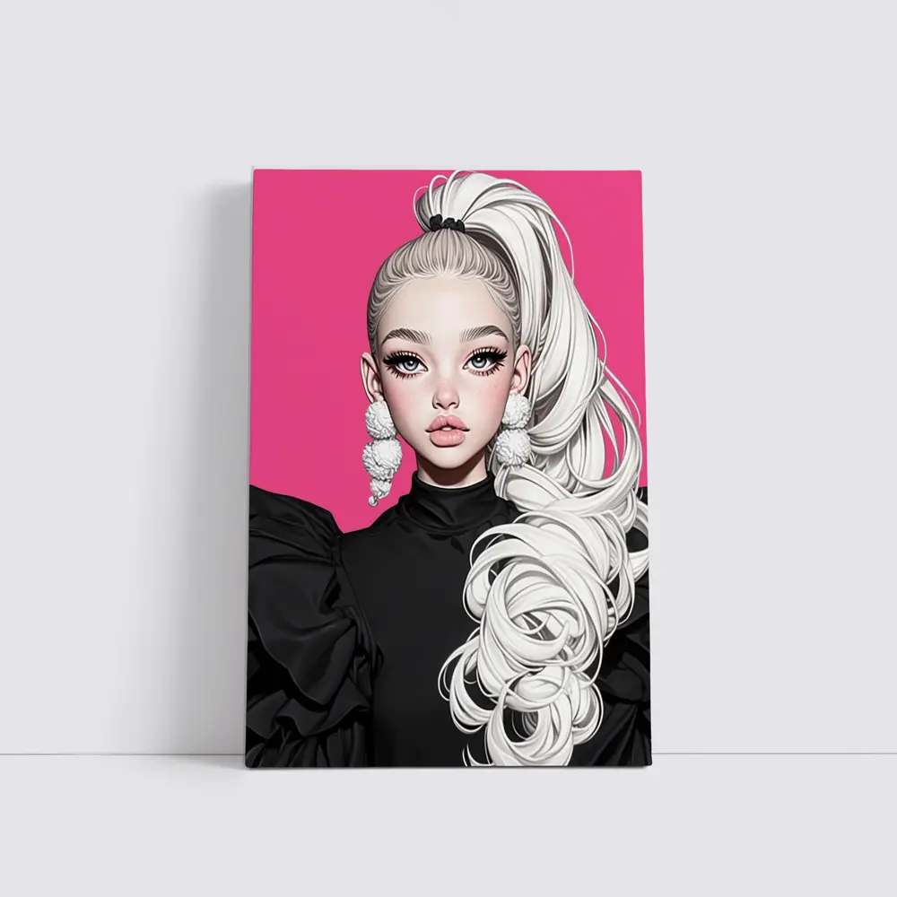 Fashion Illustration Girl White Hair Pink Background – Wall Art