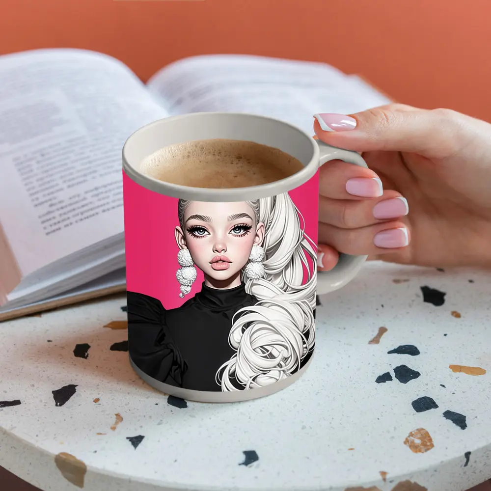 Fashion Illustration Girl White Hair Pink Background – Mugs