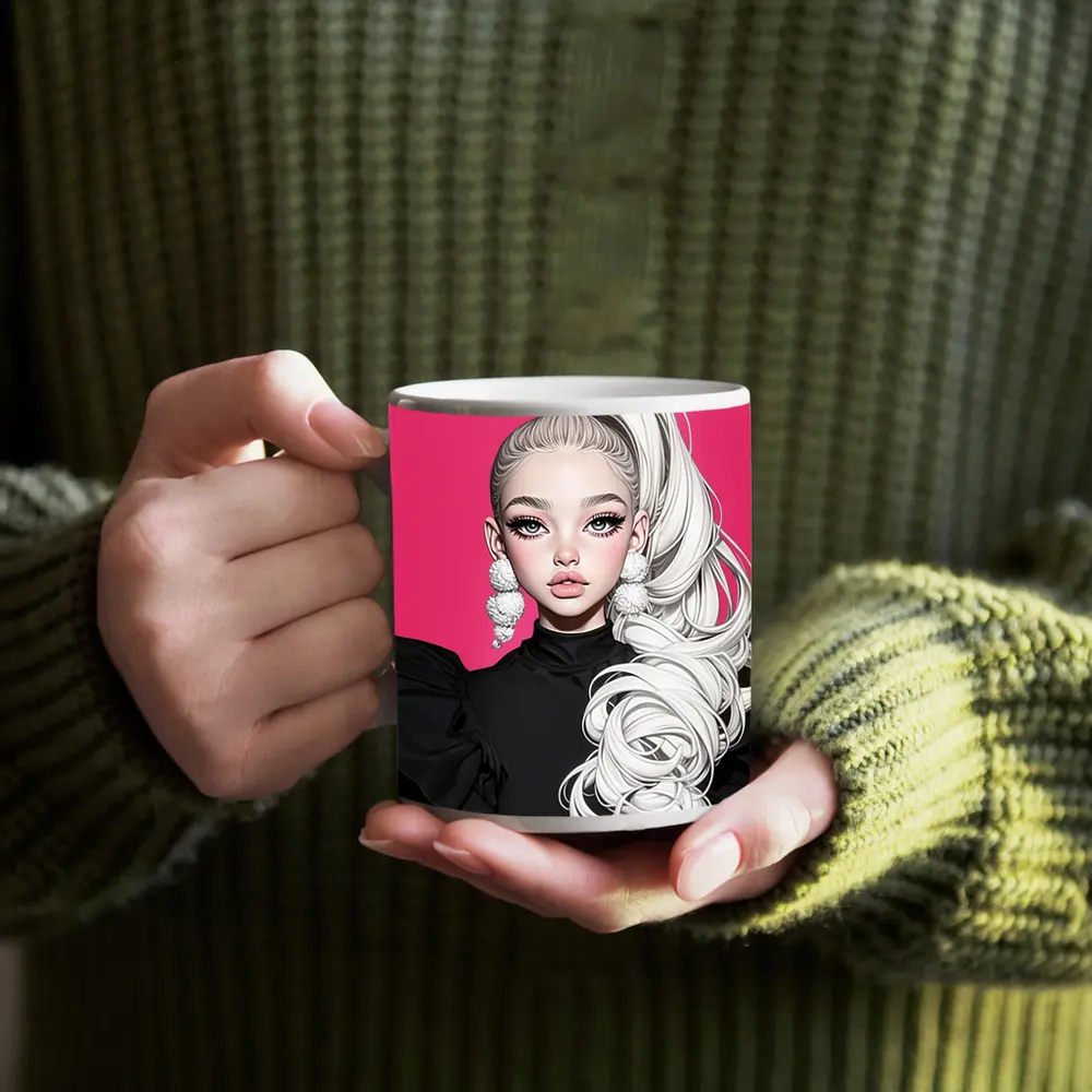 Fashion Illustration Girl White Hair Pink Background – Mugs