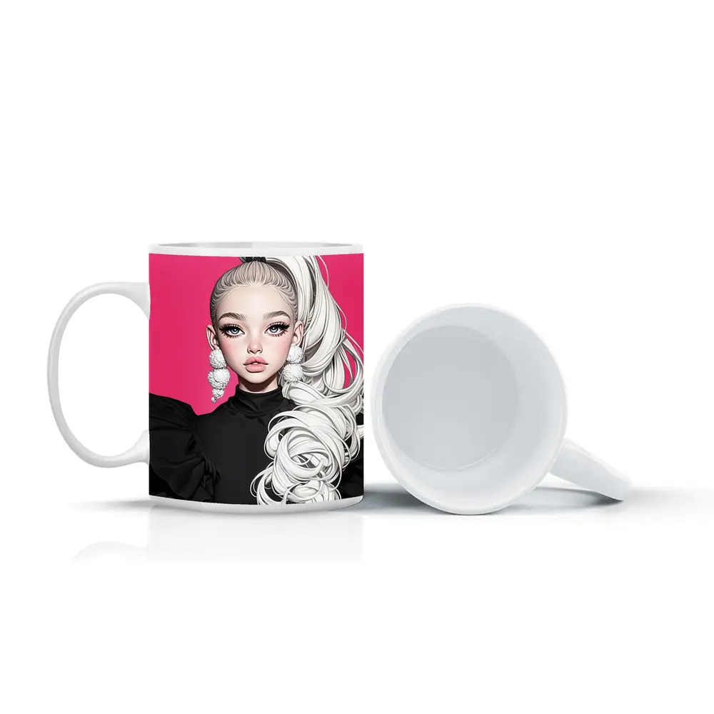 Fashion Illustration Girl White Hair Pink Background – Mugs