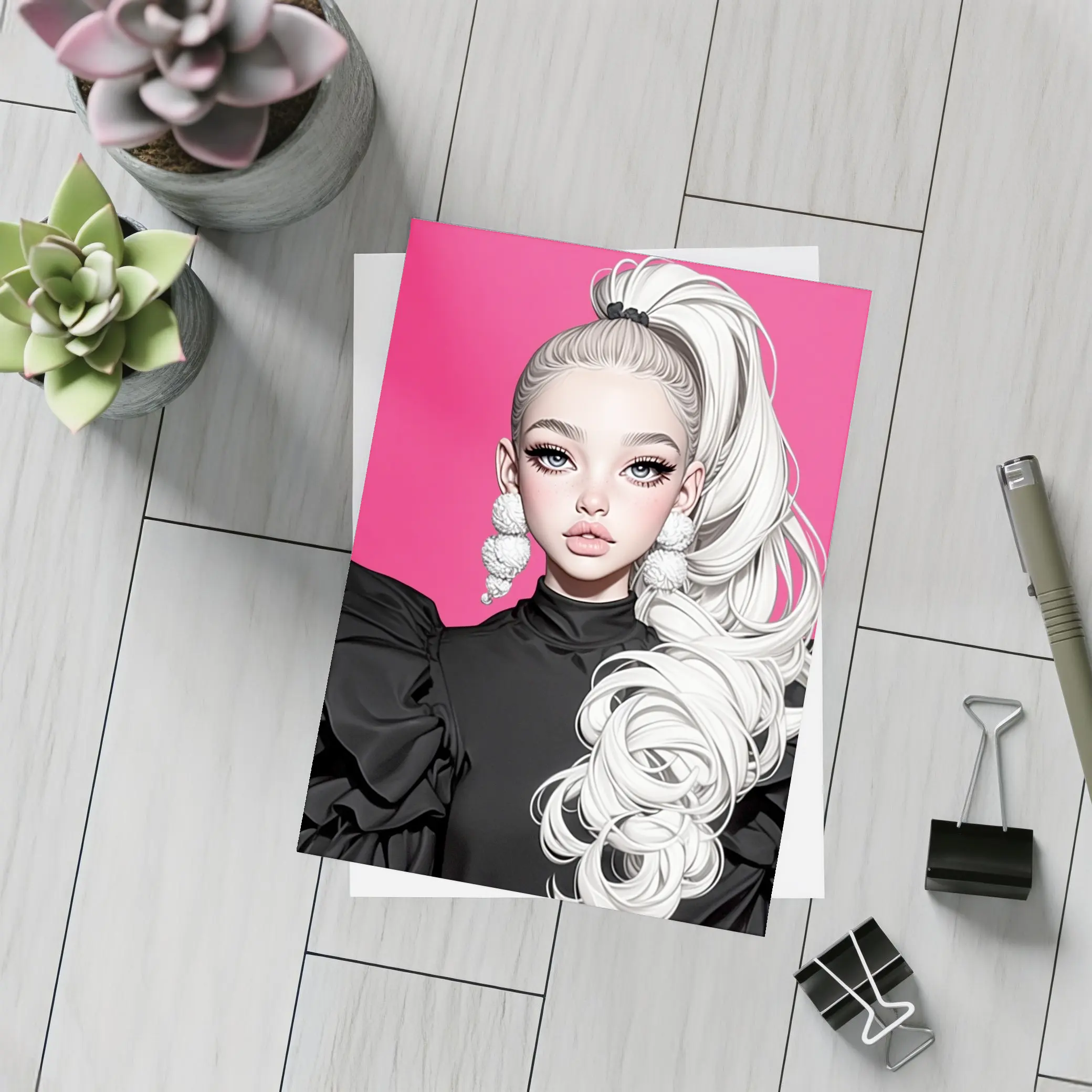 Fashion Illustration Girl White Hair Pink Background – Postcards