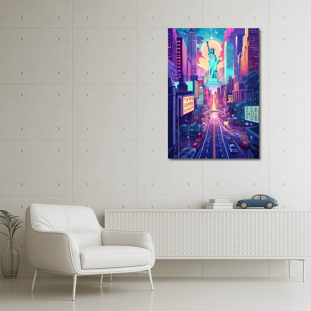 Statue of Liberty Neon New York Cityscape Art – Wall Art