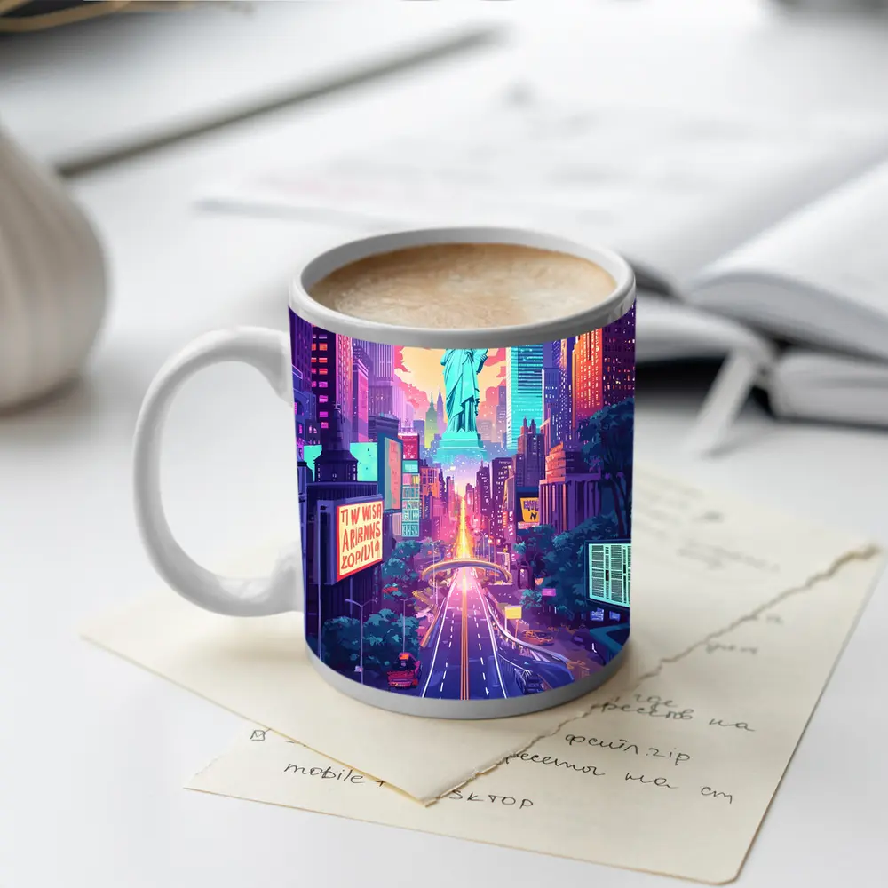 Statue of Liberty Neon New York Cityscape Art – Mugs