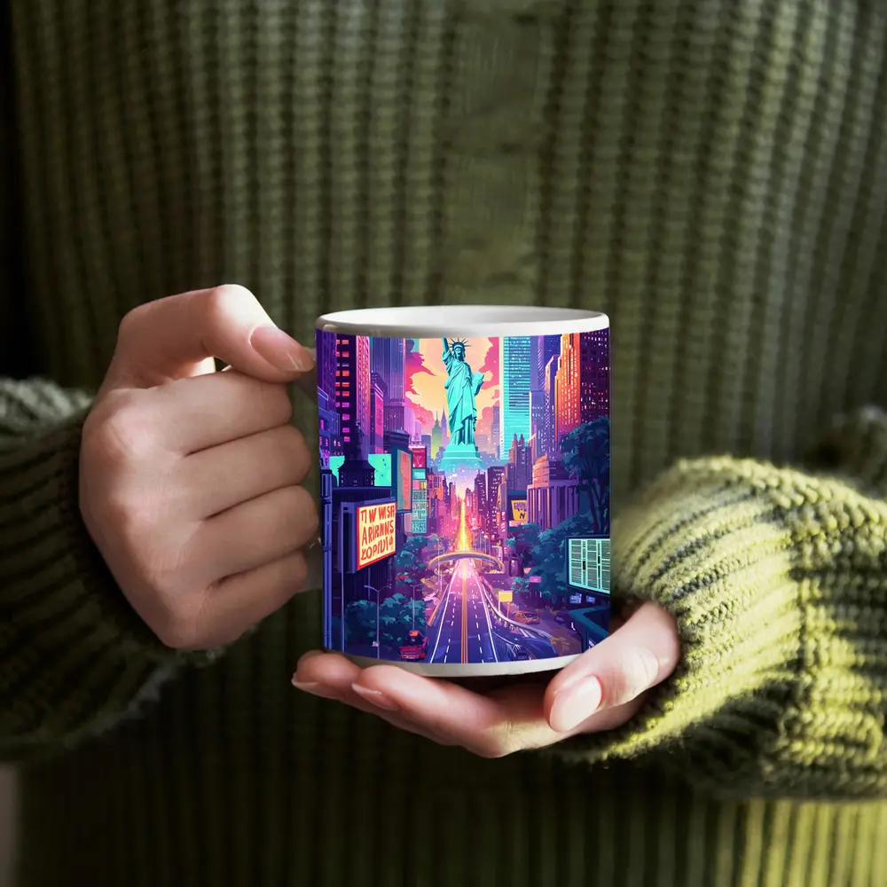 Statue of Liberty Neon New York Cityscape Art – Mugs