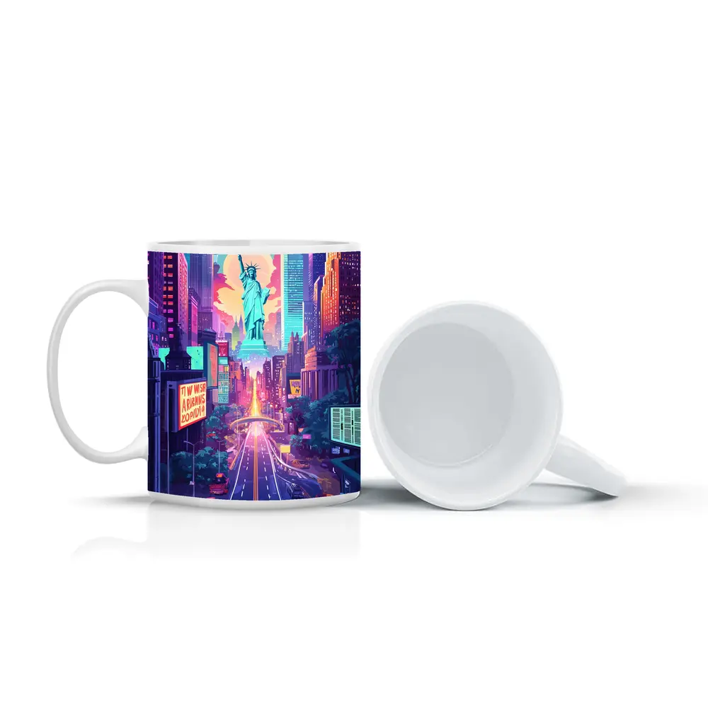 Statue of Liberty Neon New York Cityscape Art – Mugs