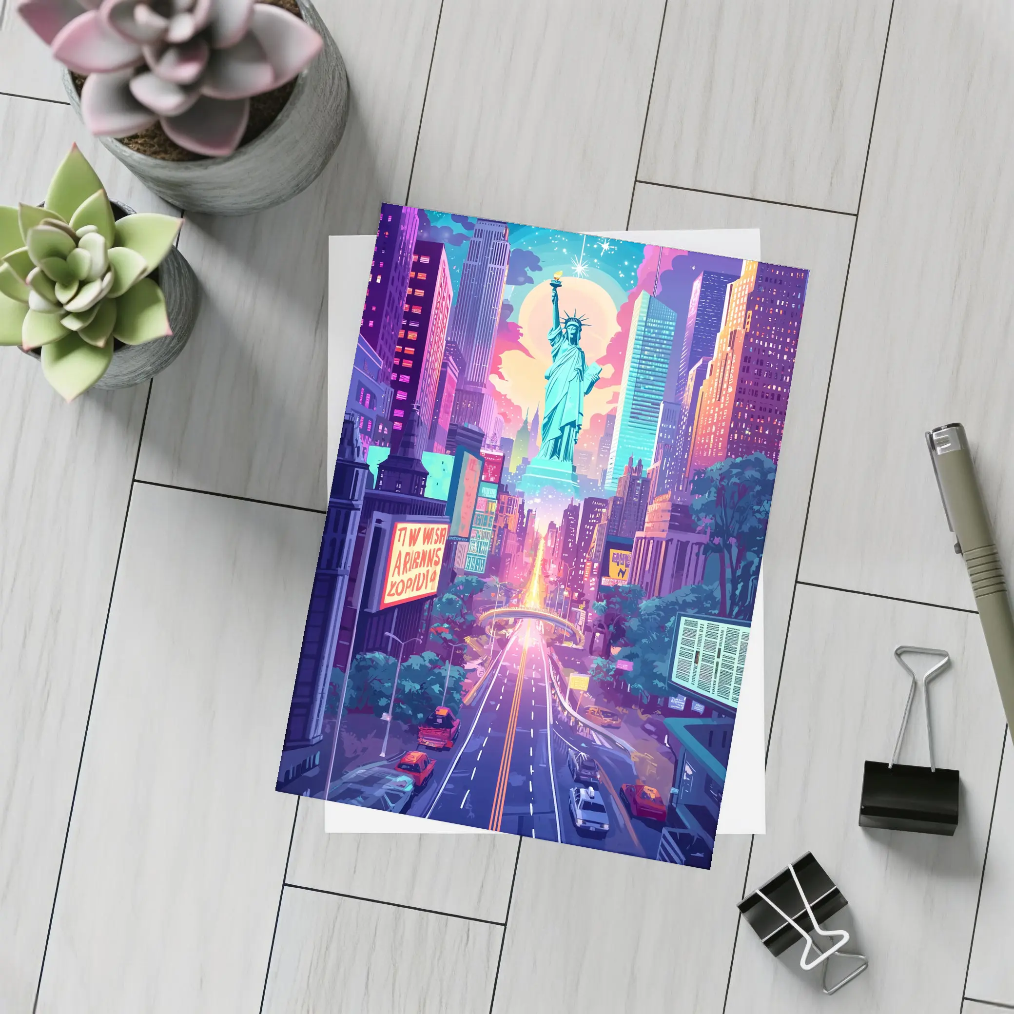 Statue of Liberty Neon New York Cityscape Art – Postcards