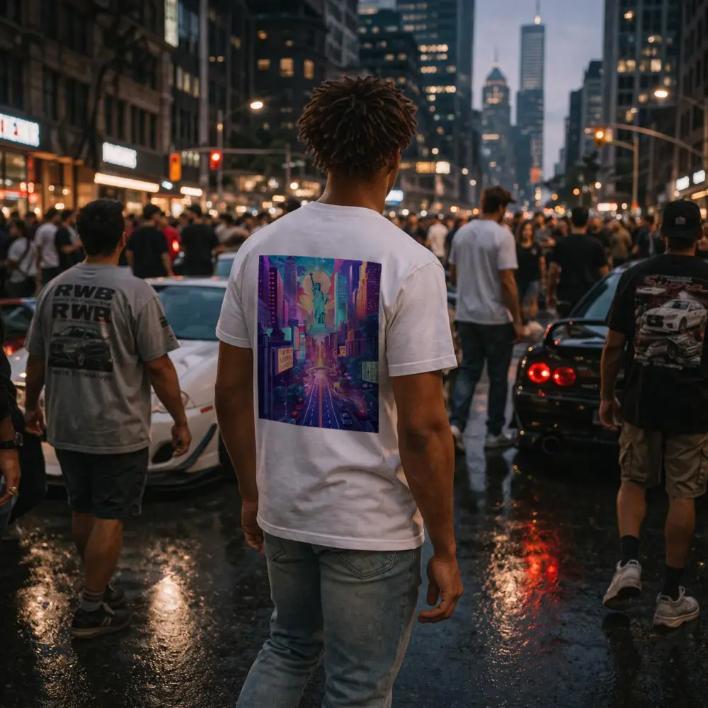Statue of Liberty Neon New York Cityscape Art – T-Shirts