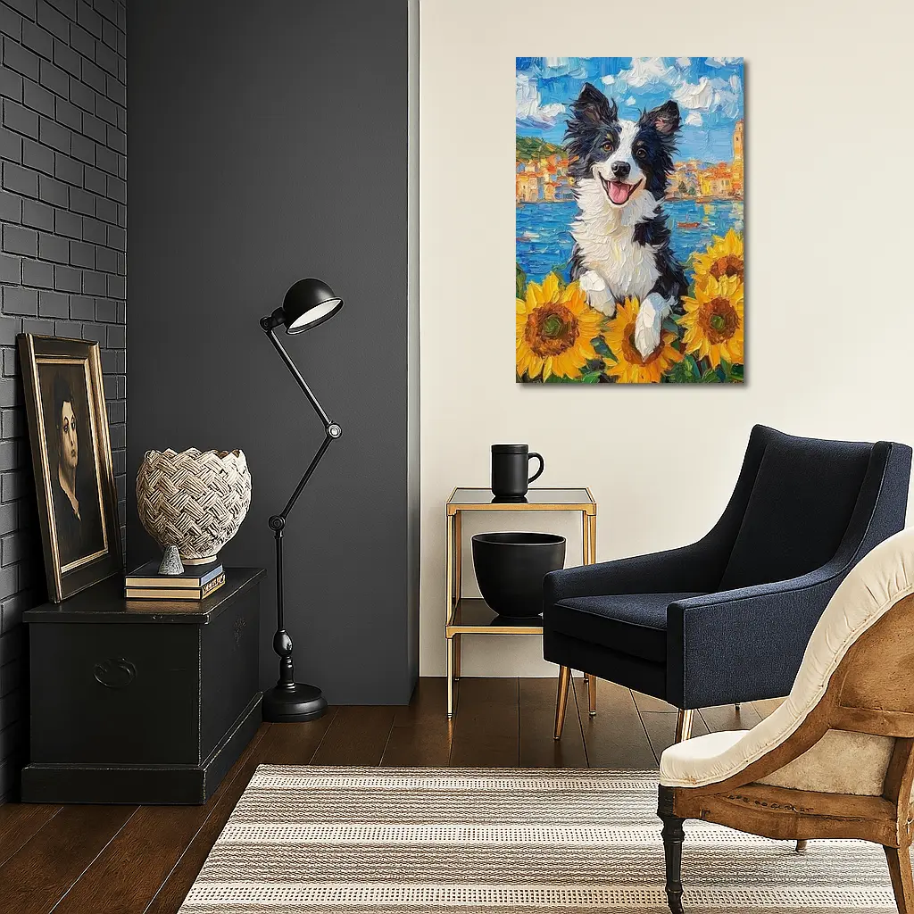 Border Collie Dog Sunflowers Coastal Town Oil Painting – Wall Art