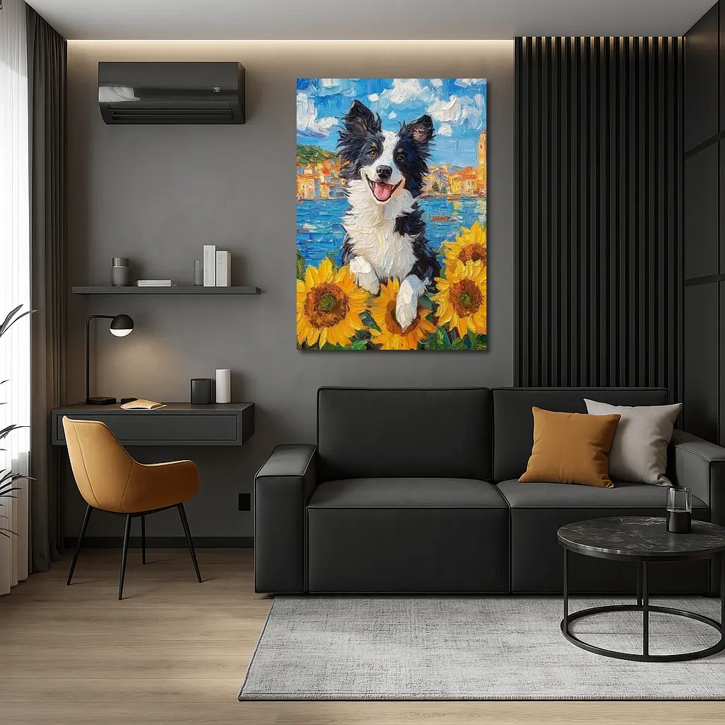 Border Collie Dog Sunflowers Coastal Town Oil Painting – Wall Art