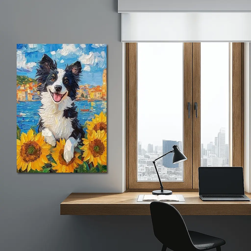 Border Collie Dog Sunflowers Coastal Town Oil Painting – Wall Art