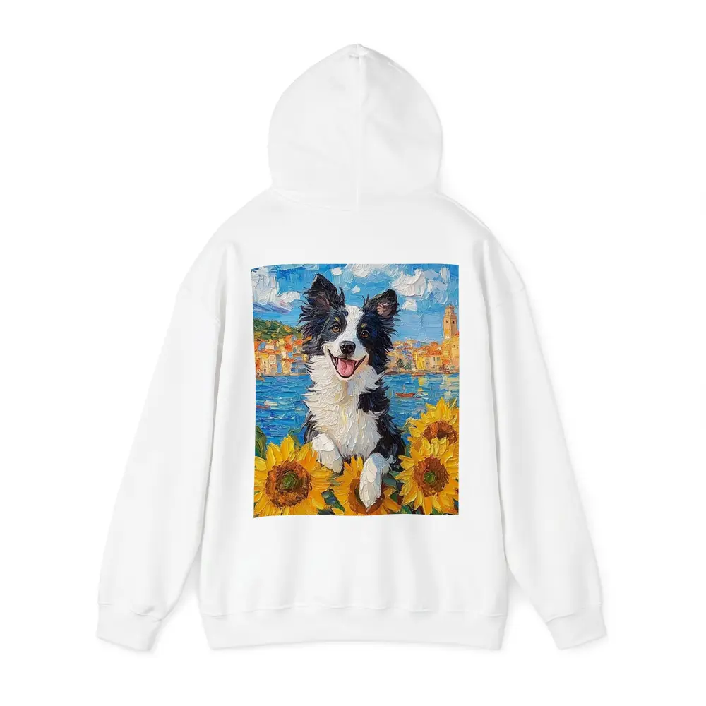 Border Collie Dog Sunflowers Coastal Town Oil Painting – Hoodies