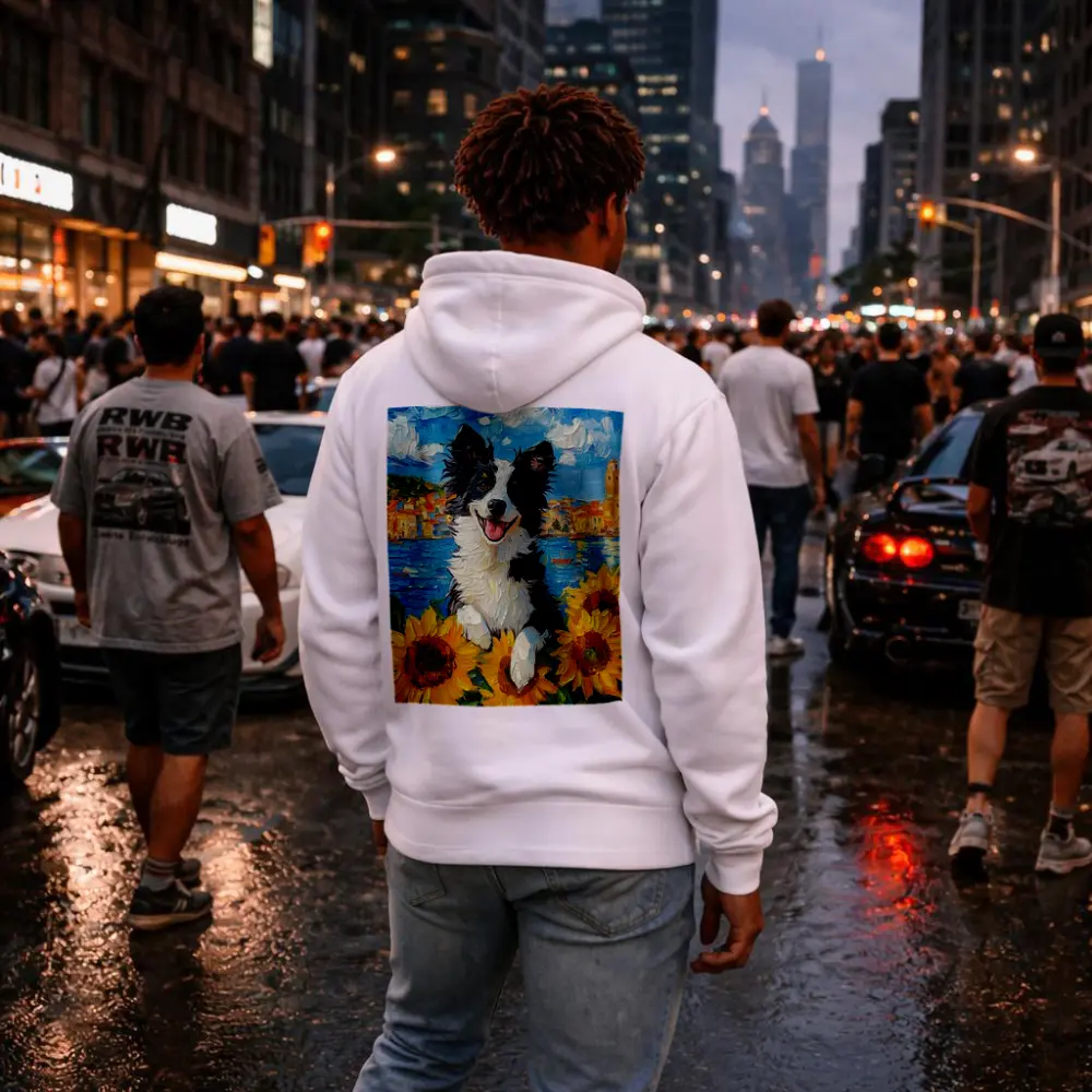 Border Collie Dog Sunflowers Coastal Town Oil Painting – Hoodies