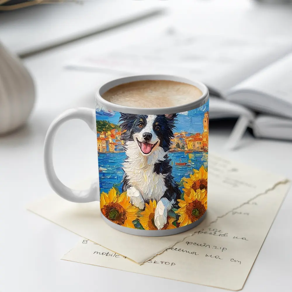 Border Collie Dog Sunflowers Coastal Town Oil Painting – Mugs
