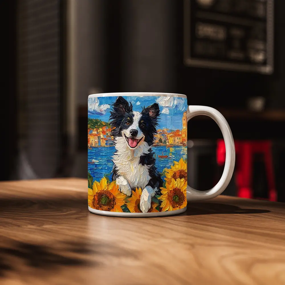 Border Collie Dog Sunflowers Coastal Town Oil Painting – Mugs