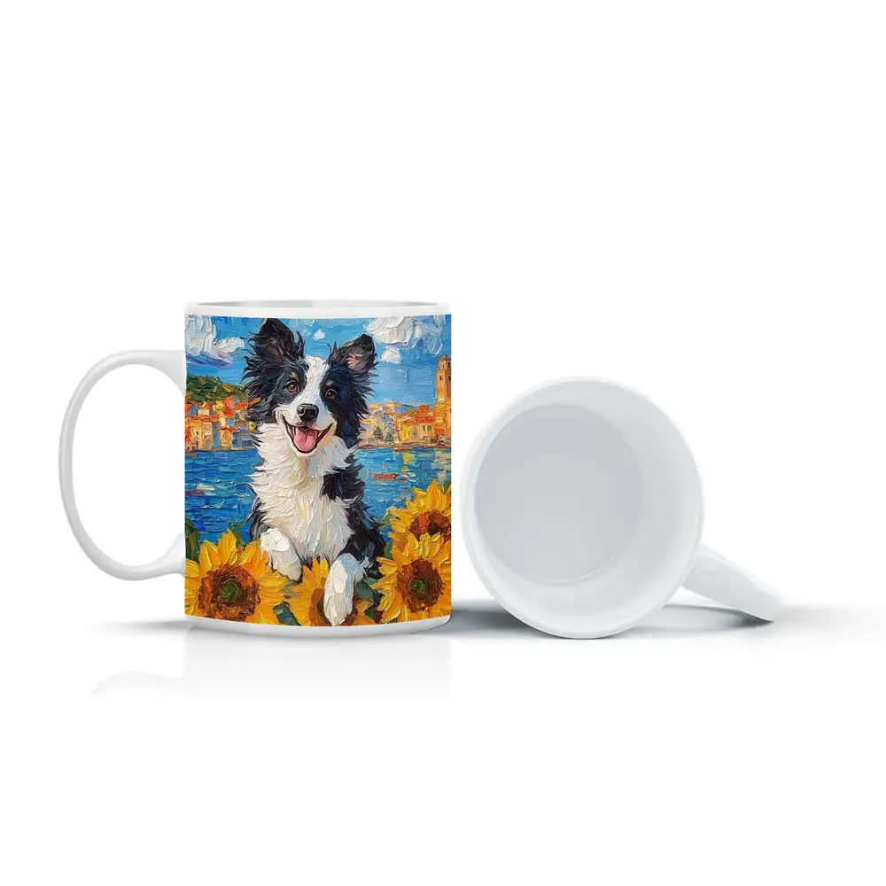 Border Collie Dog Sunflowers Coastal Town Oil Painting – Mugs