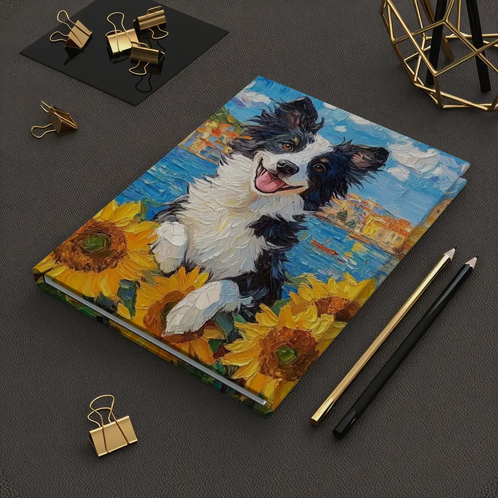 Border Collie Dog Sunflowers Coastal Town Oil Painting – Notebooks