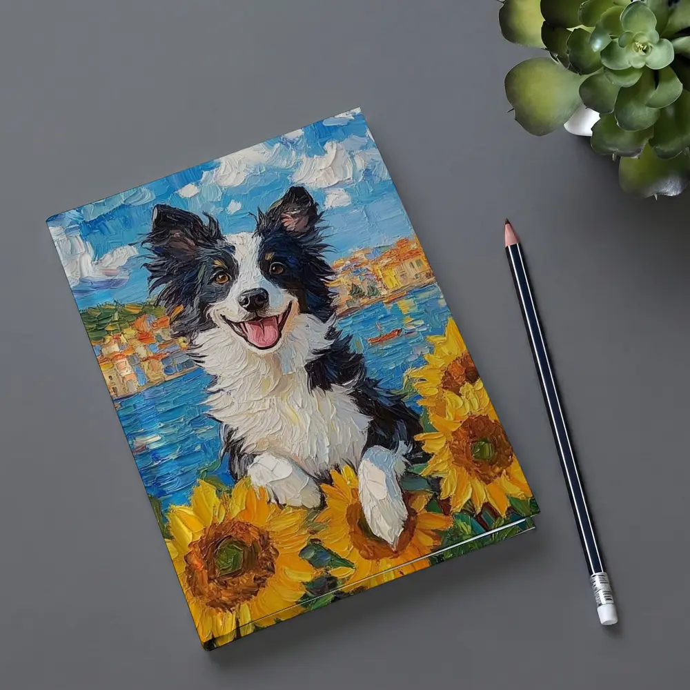 Border Collie Dog Sunflowers Coastal Town Oil Painting – Notebooks