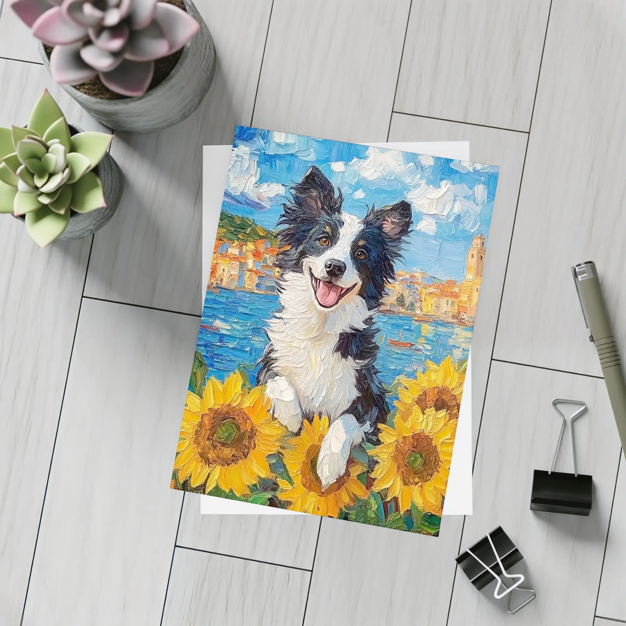 Border Collie Dog Sunflowers Coastal Town Oil Painting – Postcards