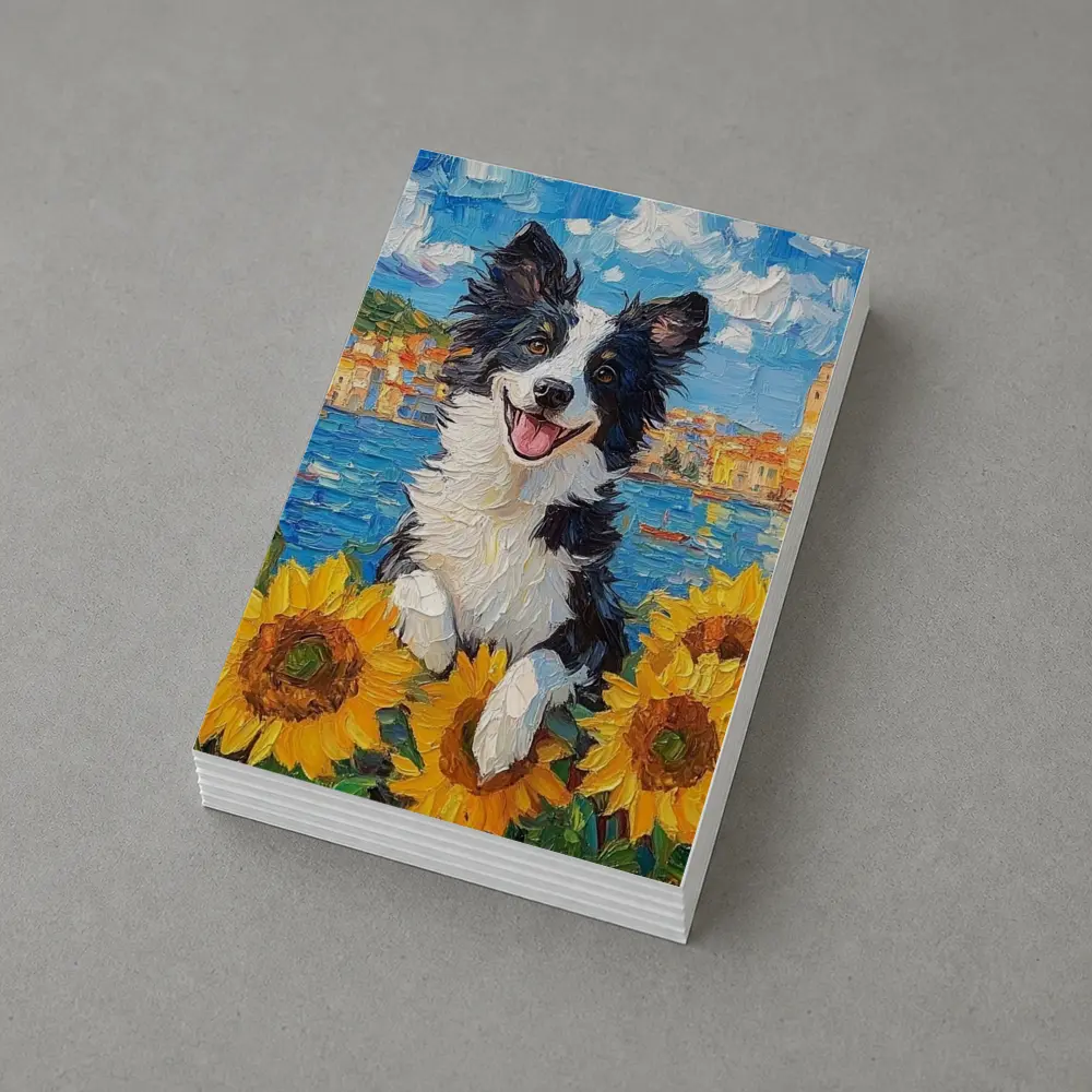 Border Collie Dog Sunflowers Coastal Town Oil Painting – Postcards
