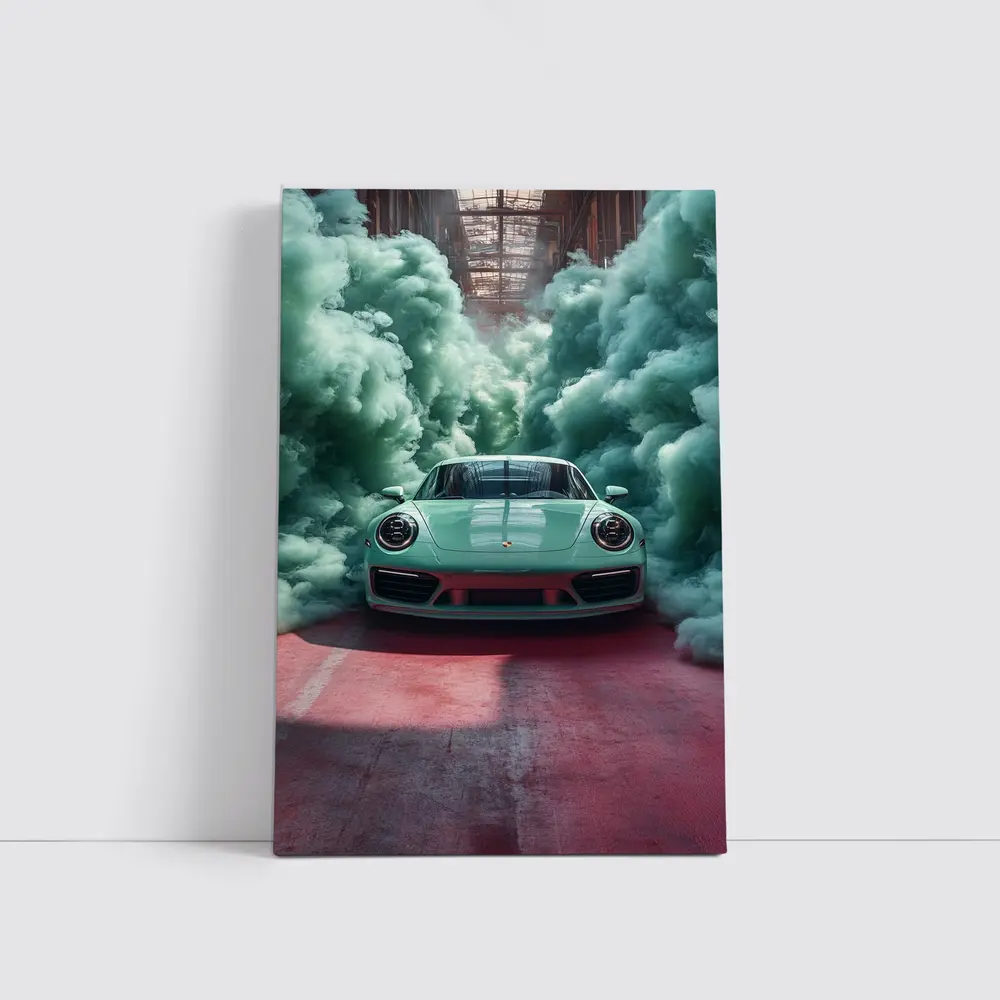 Porsche 911 Mint Green Smoke Filled Garage – Wall Art