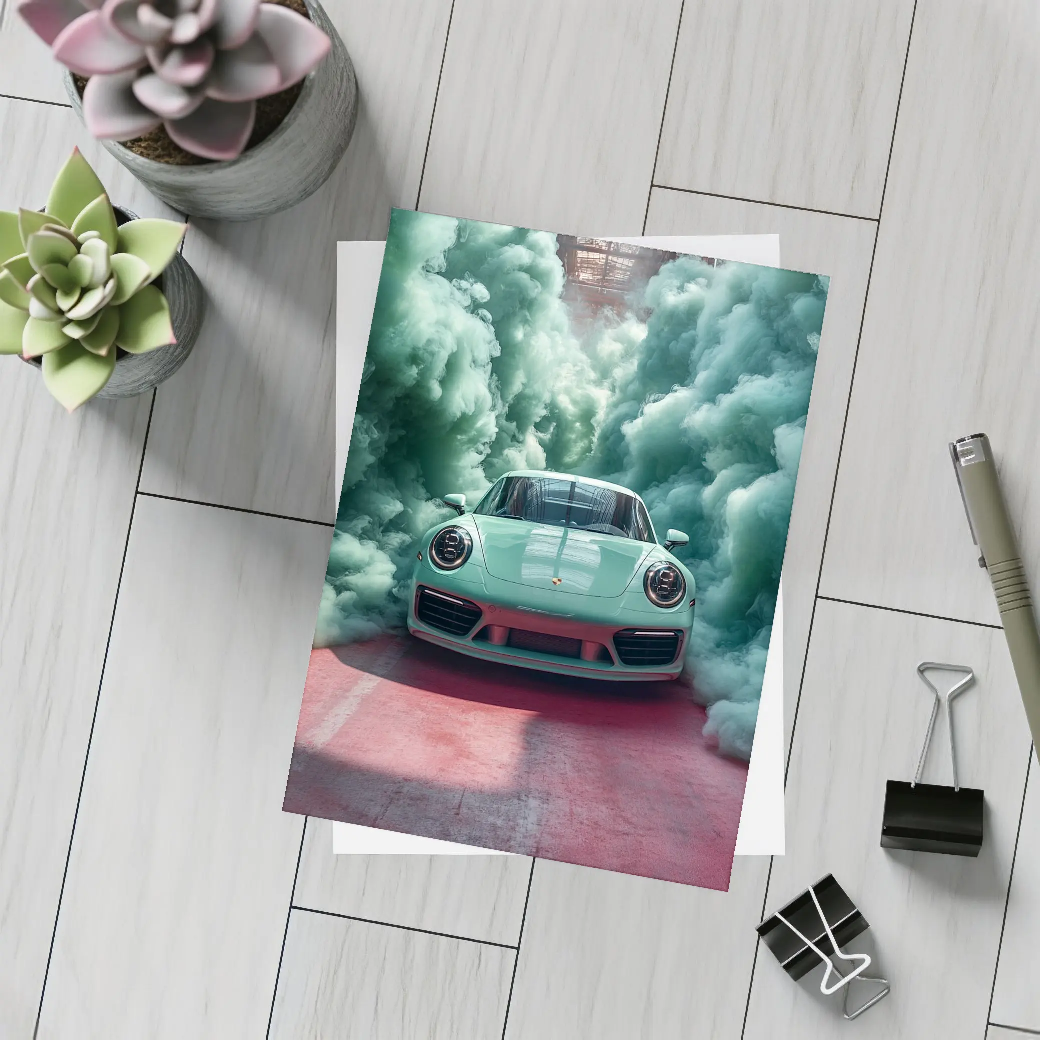 Porsche 911 Mint Green Smoke Filled Garage – Postcards